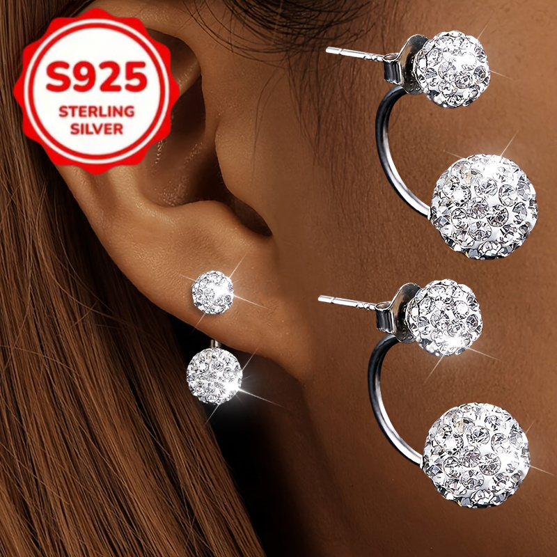 Women's S925 Silver Double Ear Stud Set, Sparkling Ball Studs